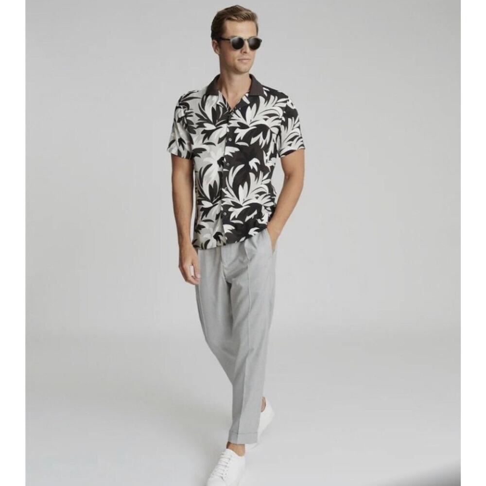 Reiss Men’s Harding Printed Cuban Collar Shirt Size M Black/Gray